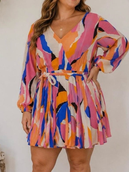 Ava & Viv Dresses & Skirts - Ava & Viv Pink Orange Blue Abstract Wrap-Front Mini Dress
